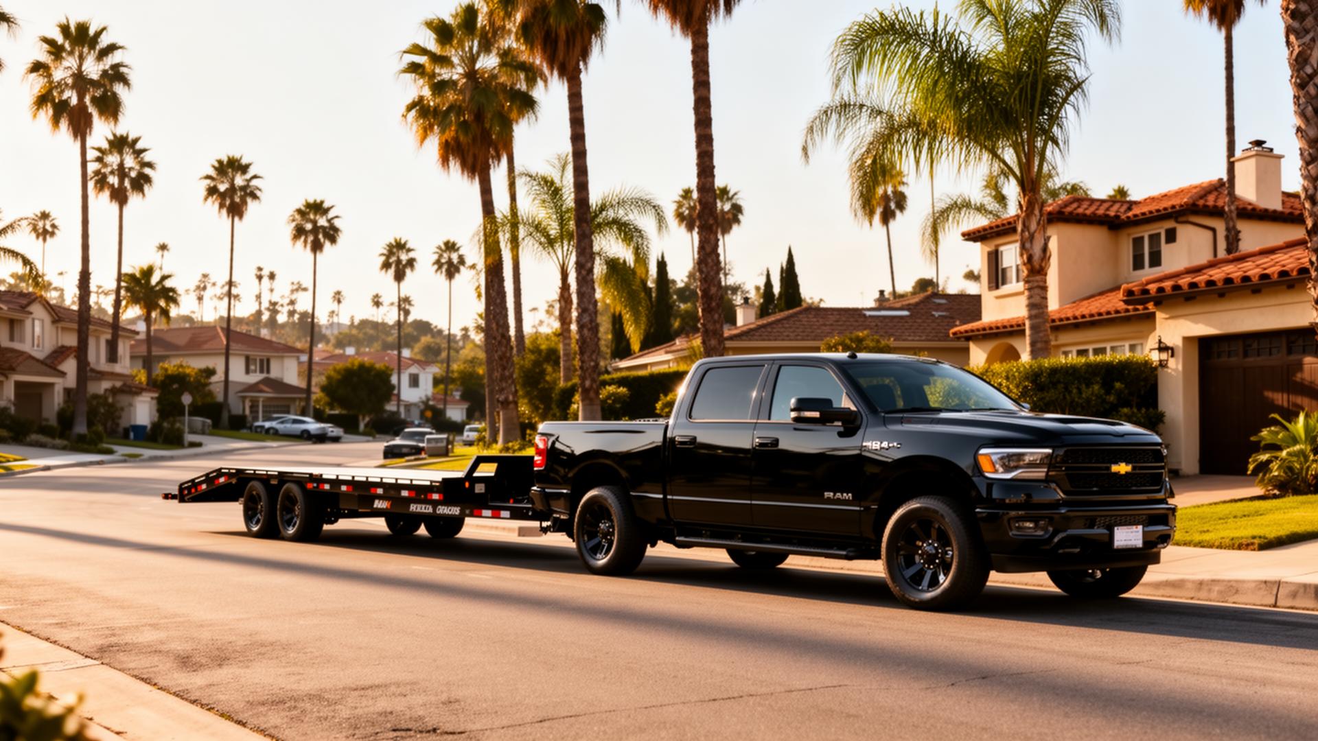 Black flatbed hotshot truck hauling steel at an industrial site at dusk